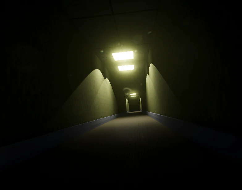 DECEPTECHO first-person view down a dark corridor beneath ceiling lights