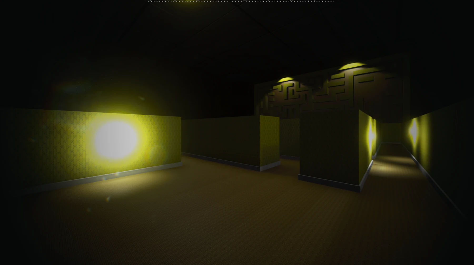 DECEPTECHO first-person view of a dim room and adjoining corridor lit by yellow lights
