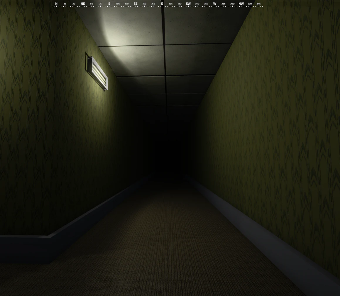 DECEPTECHO first-person view along a narrow wallpapered passage