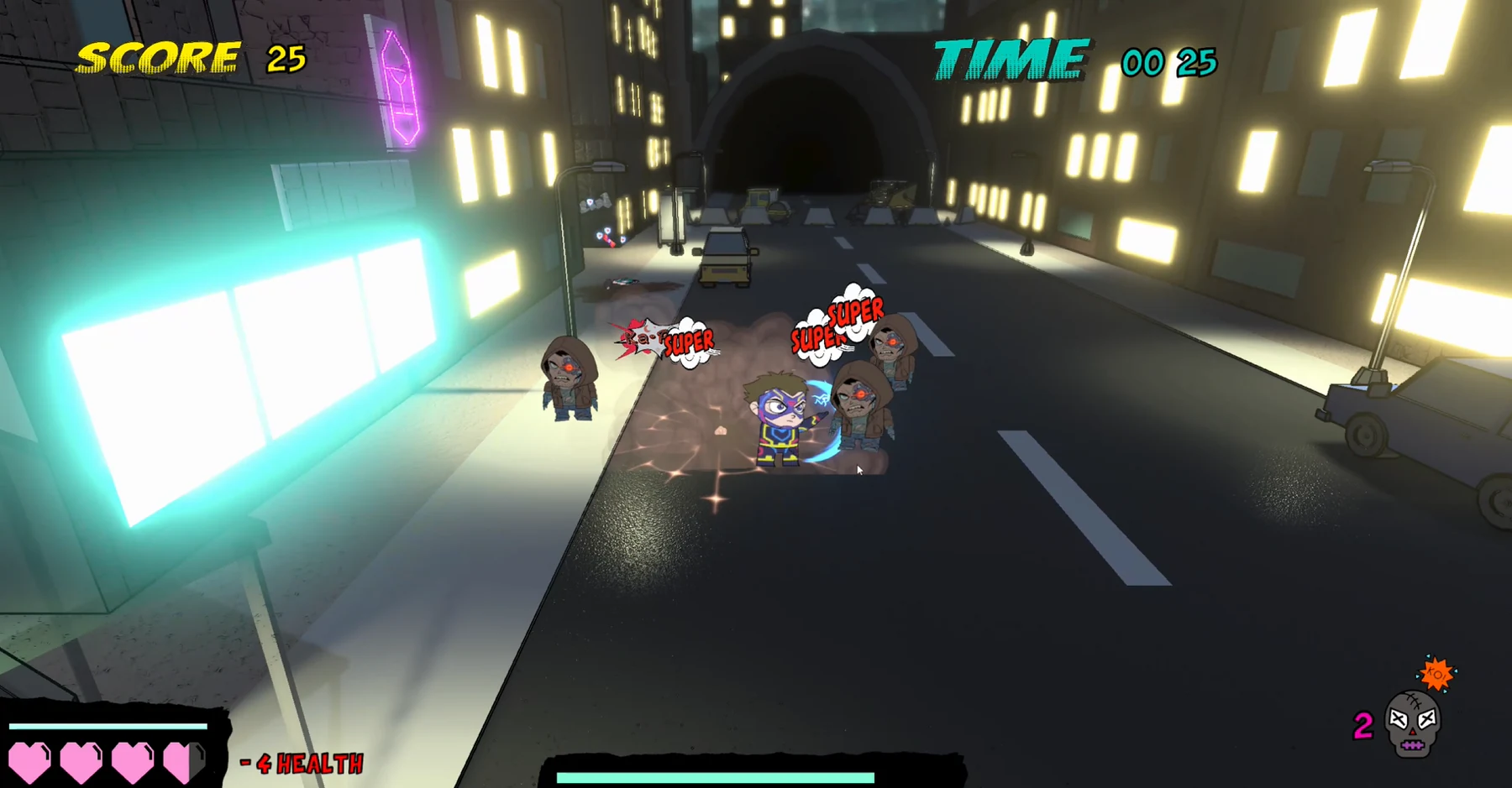 Ka-Pow City gameplay showing Neon Striker fighting several enemies on a city street