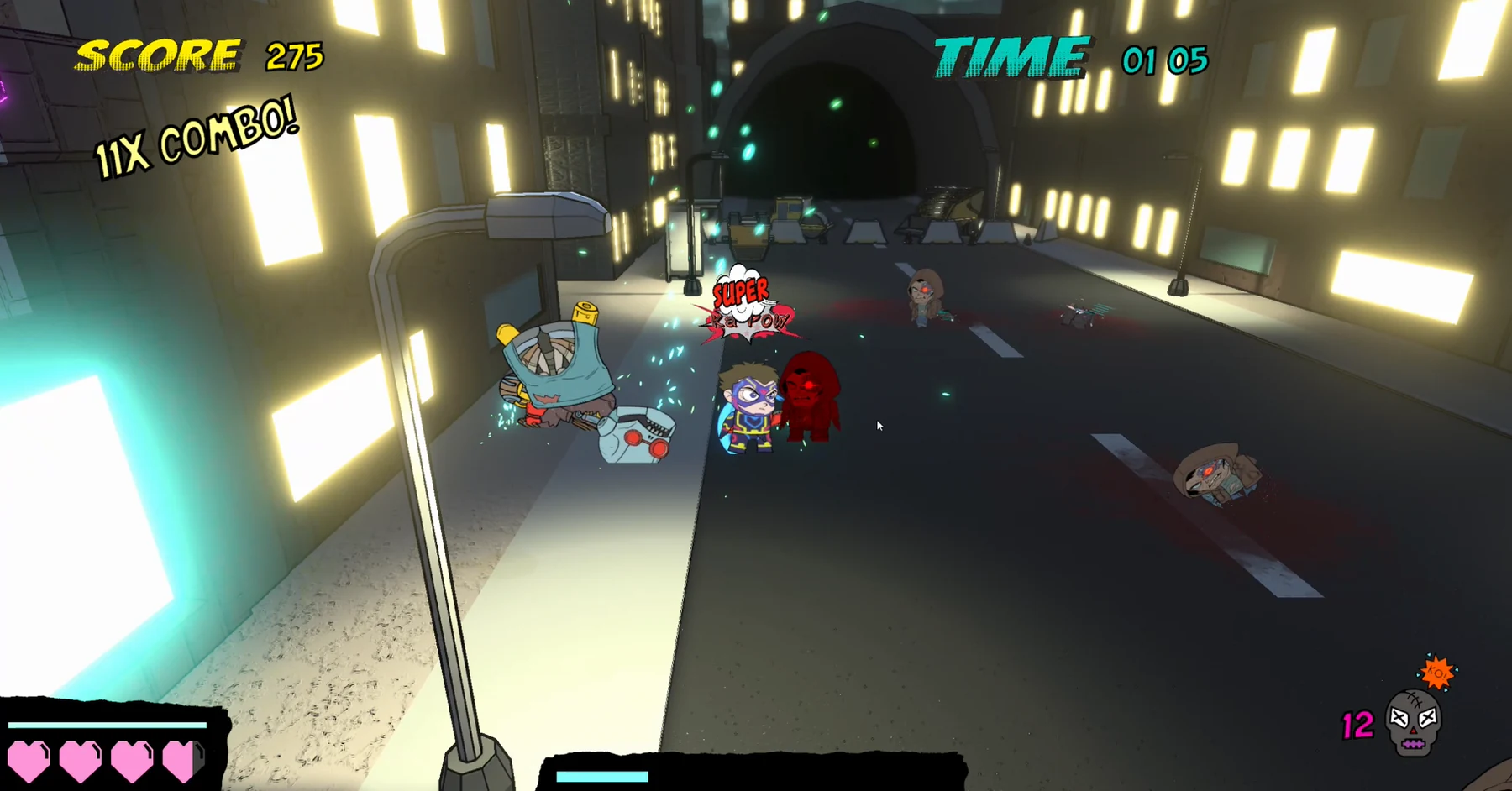 Ka-Pow City gameplay with a large enemy wave, score, health and K.O. counter visible