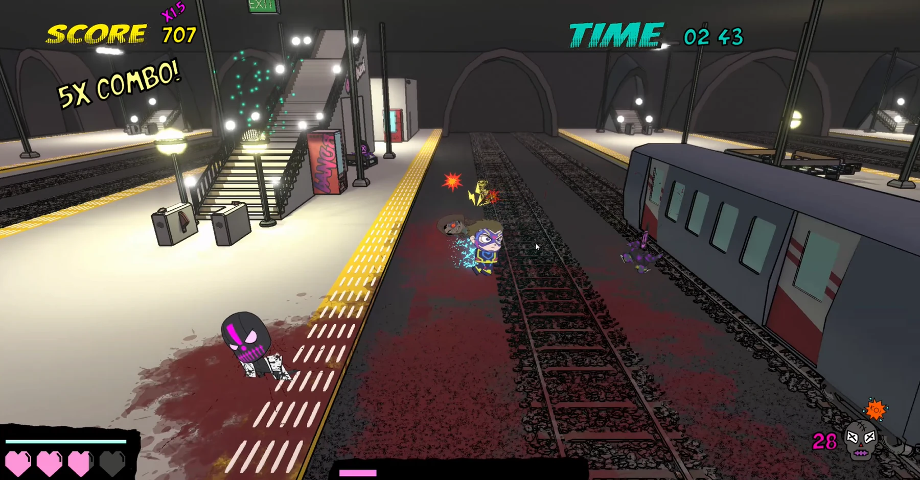 Ka-Pow City subway gameplay showing combat across the tracks with the HUD visible