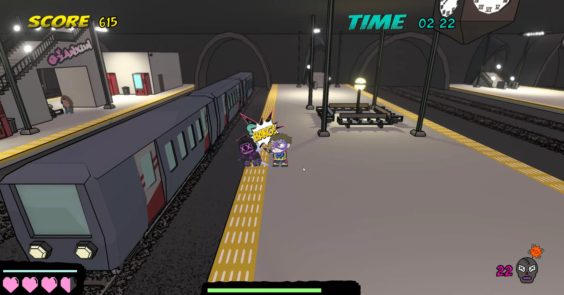 Ka-Pow City subway level with Neon Striker beside a stopped train and station benches