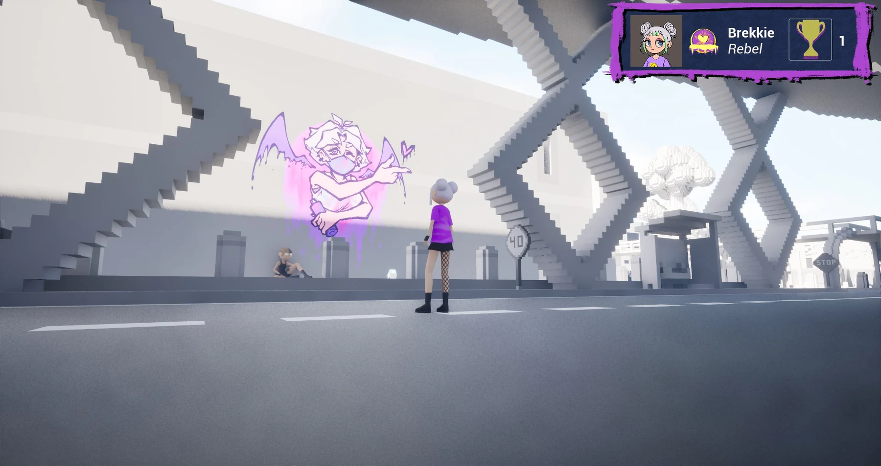 TroubleMakers gameplay showing a player exploring a large station-like urban space