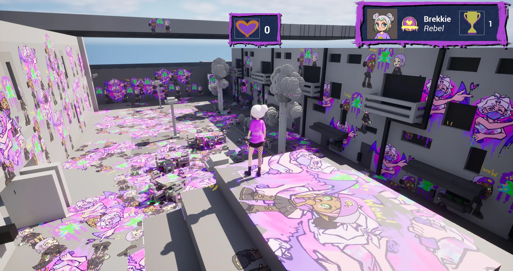 TroubleMakers gameplay showing a player in a city space covered with colourful shared artwork