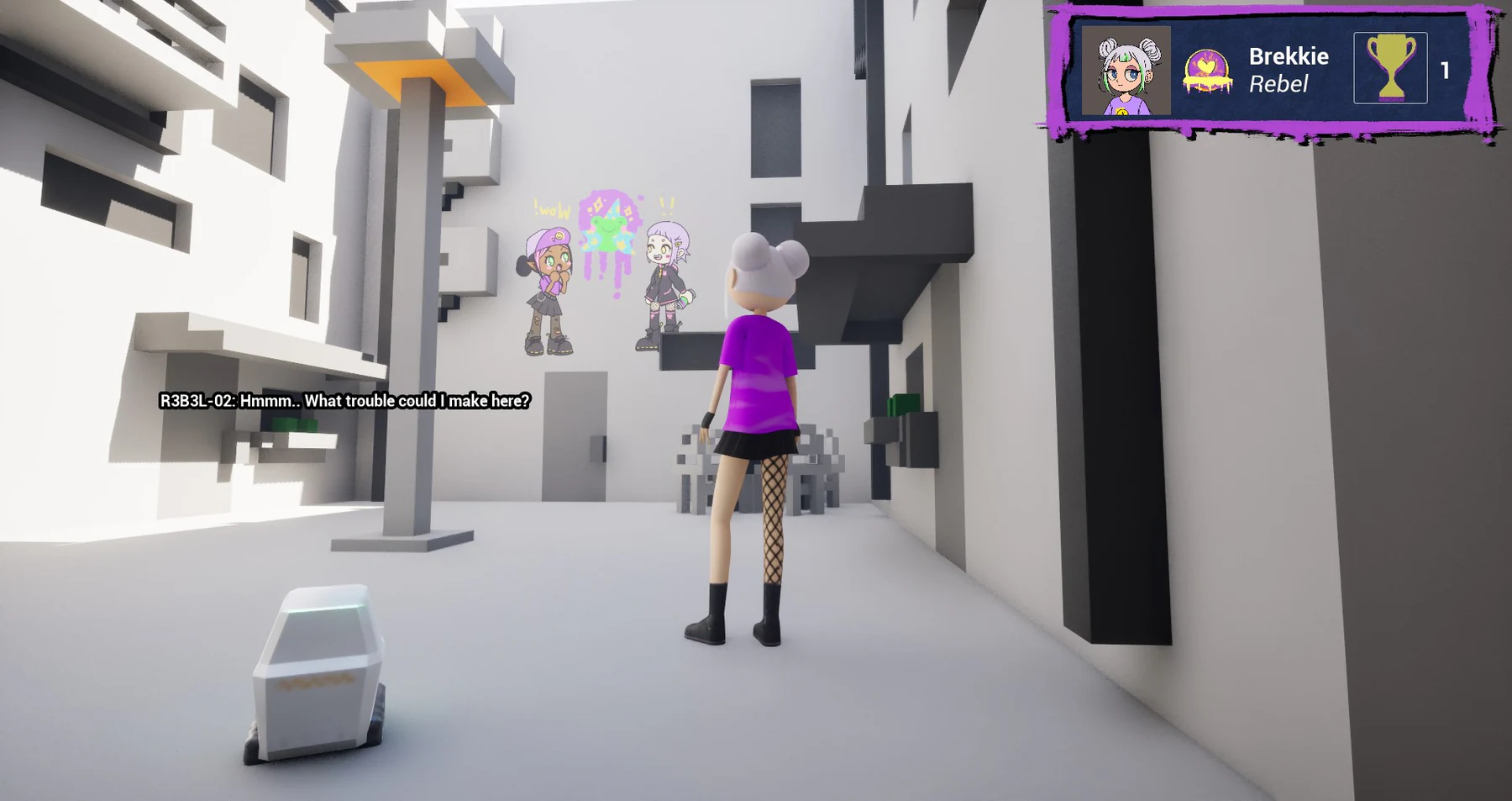 TroubleMakers gameplay showing a player and small companion in a white urban street