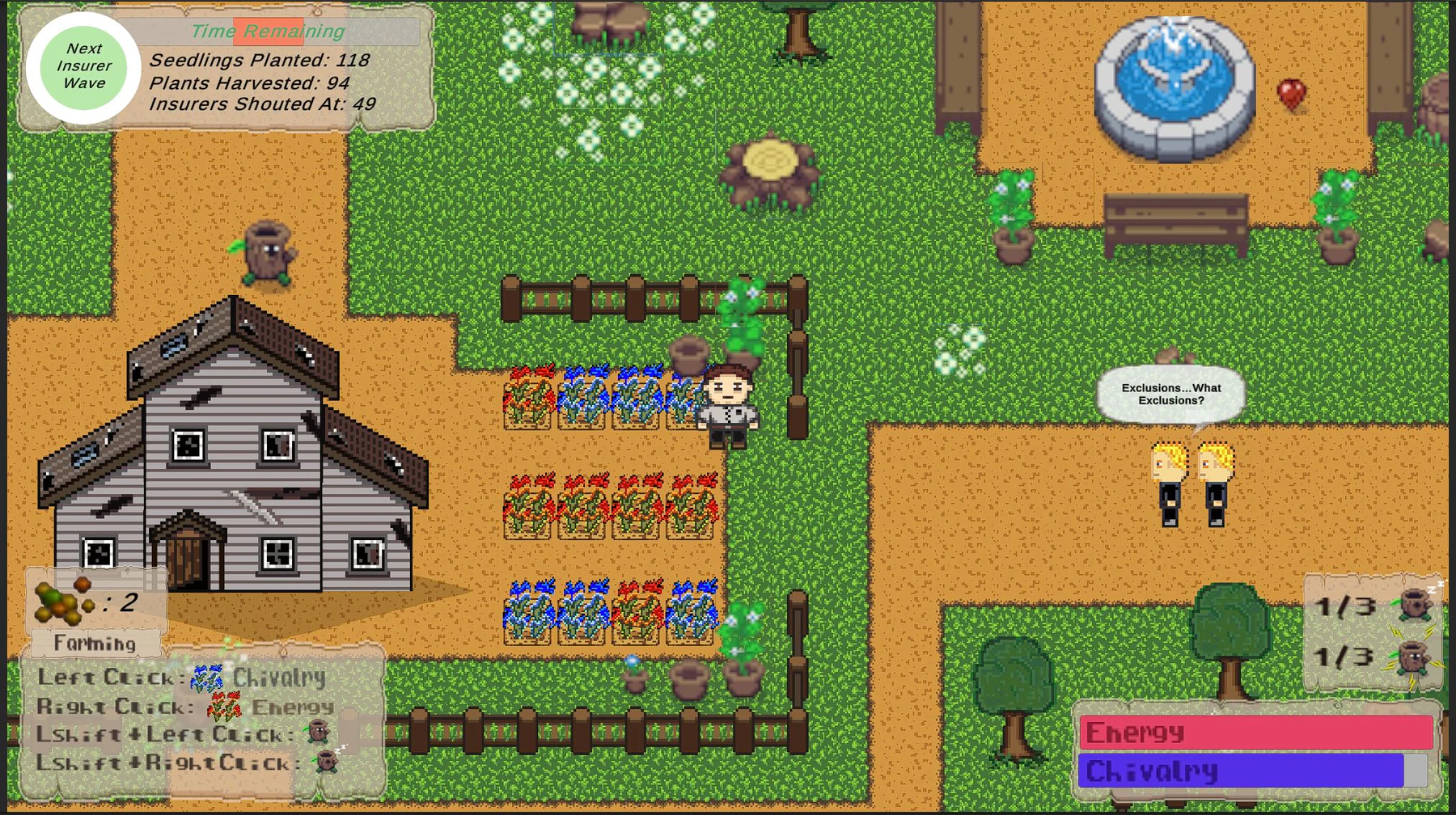 Woodland Worth gameplay showing the farm, crop rows and insurance-broker enemies