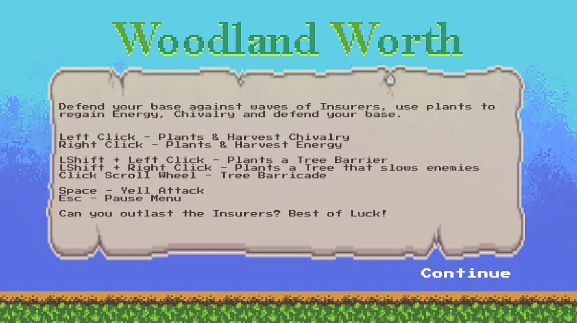 Woodland Worth instruction screen listing farm, plant, barrier and attack controls