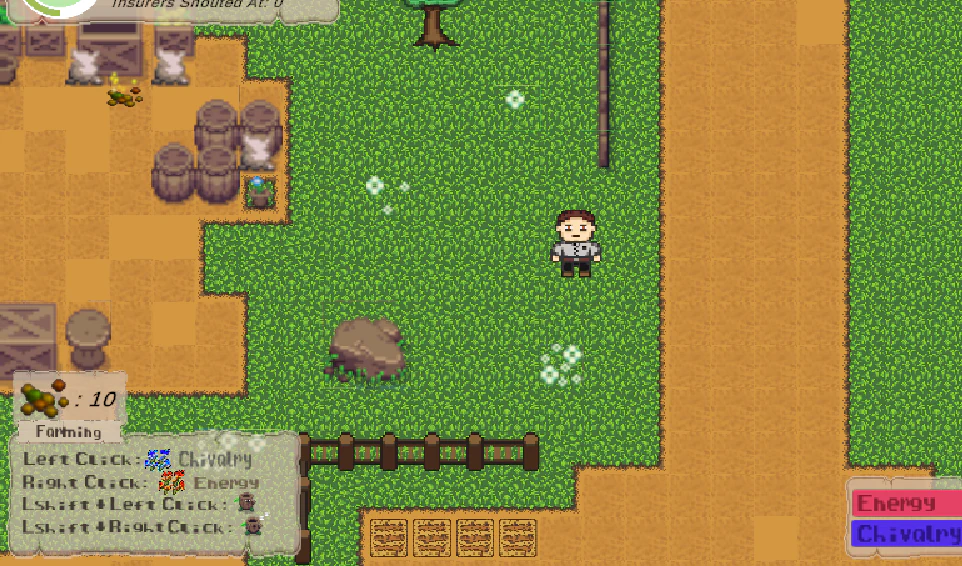 Top-down Woodland Worth gameplay showing the player beside farm crates and the resource HUD