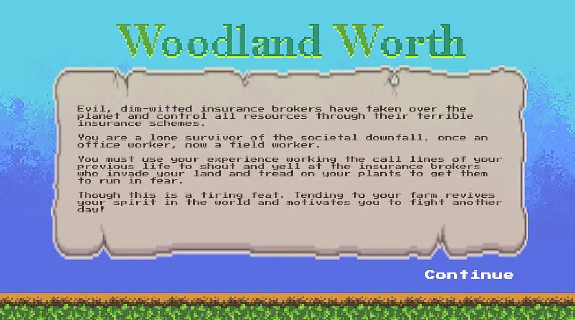 Woodland Worth story screen explaining the insurance-broker premise